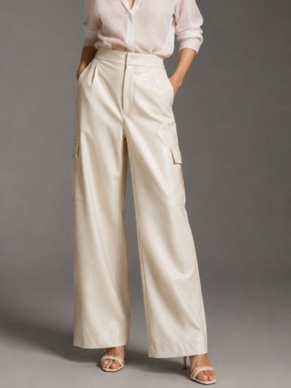 Avec Les Filles Cream Faux Leather Cargo Wide Leg Pants XL